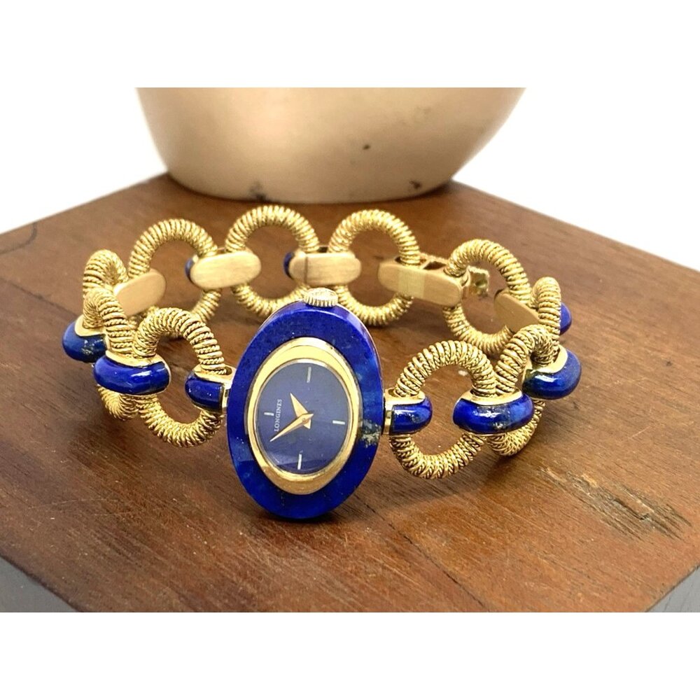 Longines Women's Watch Blue Lapis 18k Yellow Gold Vintage Swiss Hand Wind 27mm - Picture 8 of 14